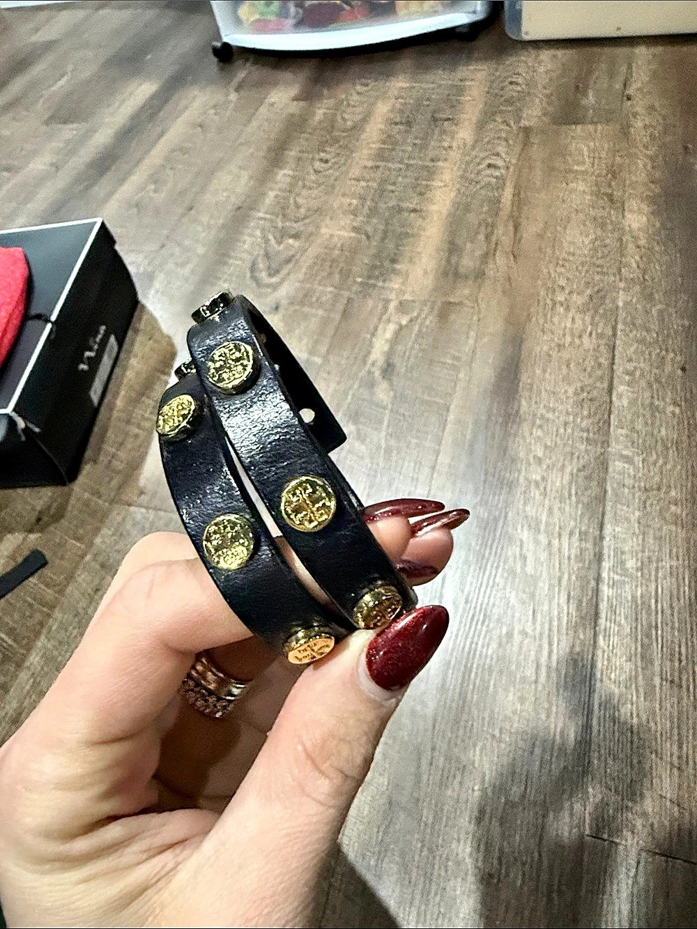 Tory Burch Miller Double-Wrap Logo Stud Bracelet Black & Gold Studded Bracelet